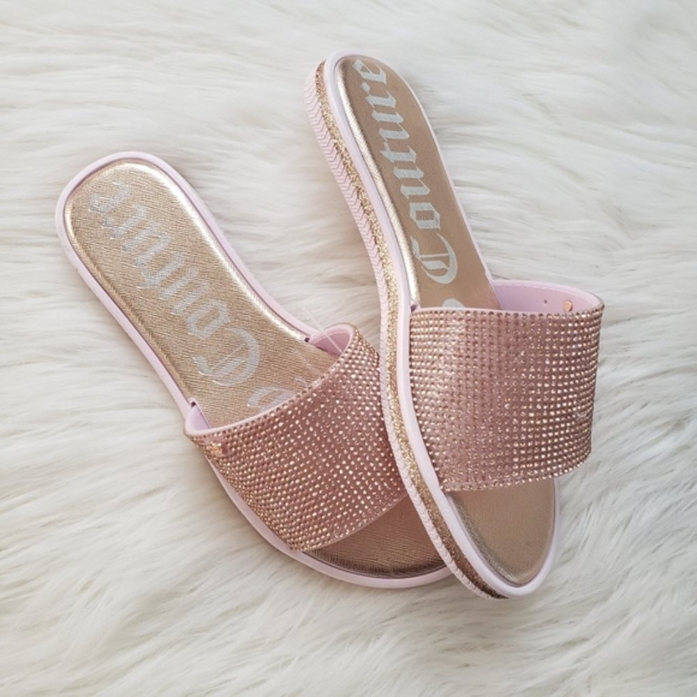 Juicy Couture Yippy Pink Rose Gold Rhinestone Slip On Slide Sandals Size 7
